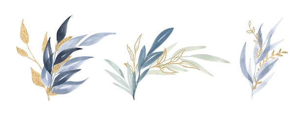 Ensemble D'illustrations Florales à L'aquarelle Collection De Branches De Feuilles Bleues Et Dorées