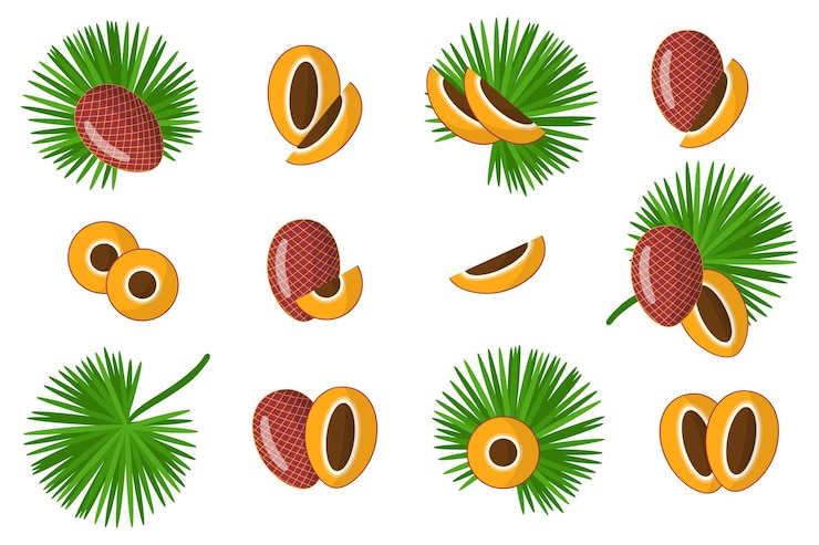 Vecteur ensemble d'illustrations avec des fruits exotiques mauriciens, des fleurs et des feuilles isolés sur fond blanc.
