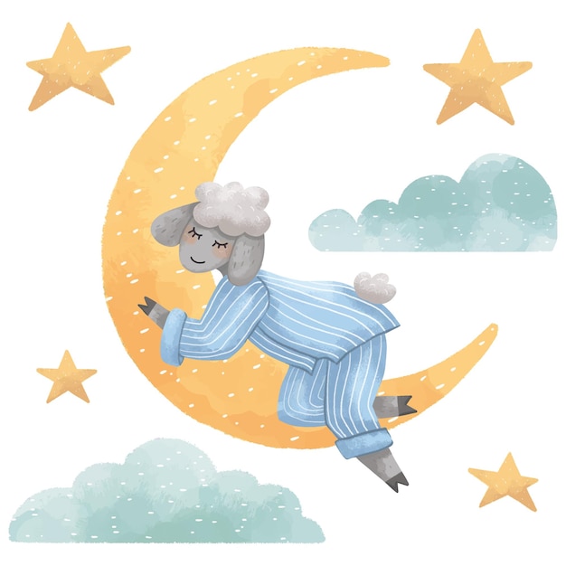 Un ensemble d'illustrations d'un garçon d'agneau dormant sur la lune à côté de nuages et d'étoiles pour les enfants la nuit pour un bon sommeil