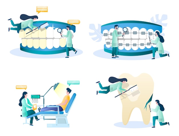 Ensemble d'illustrations isolées de concept de vecteur de services de dentiste