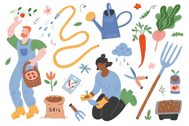 Ensemble d'illustrations de jardinage, de travailleurs et d'outils