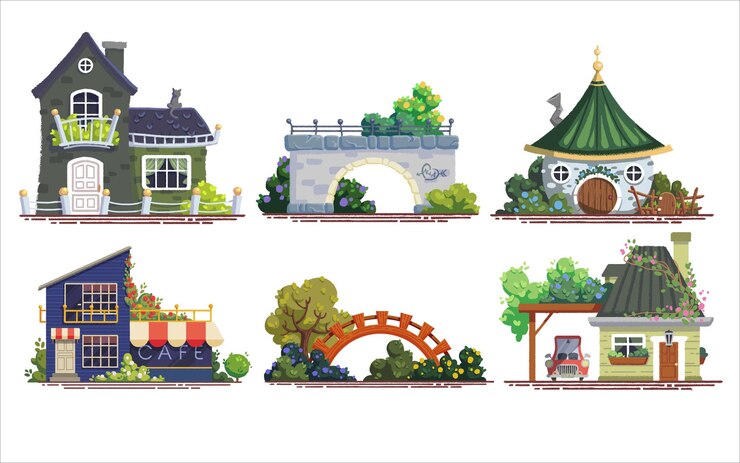 Vecteur ensemble d'illustrations de maisons et de ponts