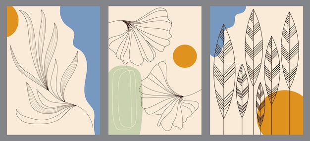 Vecteur ensemble d'illustrations minimalistes créatives peintes à la main avec des branches décoratives laisse des fleurs et des taches de couleur abstraites pour la conception de la couverture de la brochure de l'affiche de la carte postale x9