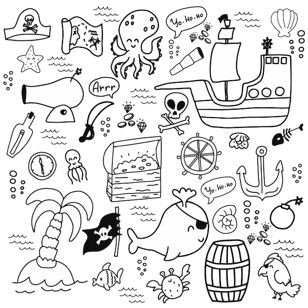 Ensemble D'illustrations De Paquet De Pirate Doodlecute Doodle Pirate Ship Baleine île Poulpe Poitrine