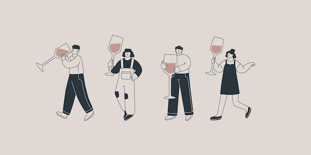 Ensemble d'illustrations de personnages mignons avec d'énormes verres de vin Hommes et femmes tiennent des bouteilles géantes Pour la conception d'affiches de cartes postales ou d'invitations