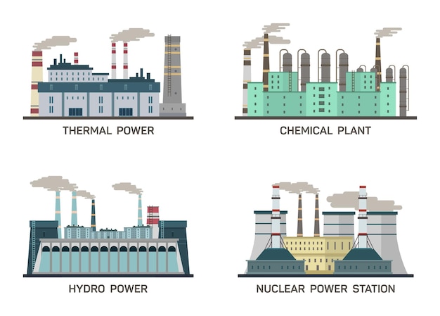 Ensemble D'illustrations Plates Industrielles Vectorielles De Différents Types De Centrales électriques