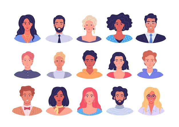 Ensemble D'illustrations De Portraits De Différents Jeunes Gens Modernes