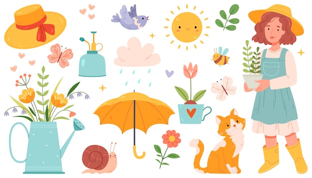 Vecteur un ensemble d'illustrations de printemps mignons dessinées à la main fleurs parapluie fille jardin de chats soleil design plat