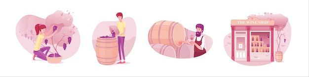 Ensemble d'illustrations de production de vin Ensemble de cliparts isolés de l'industrie vinicole Collecte de fermentation de raisin Dégustation d'alcool Étapes du processus de fabrication du vin