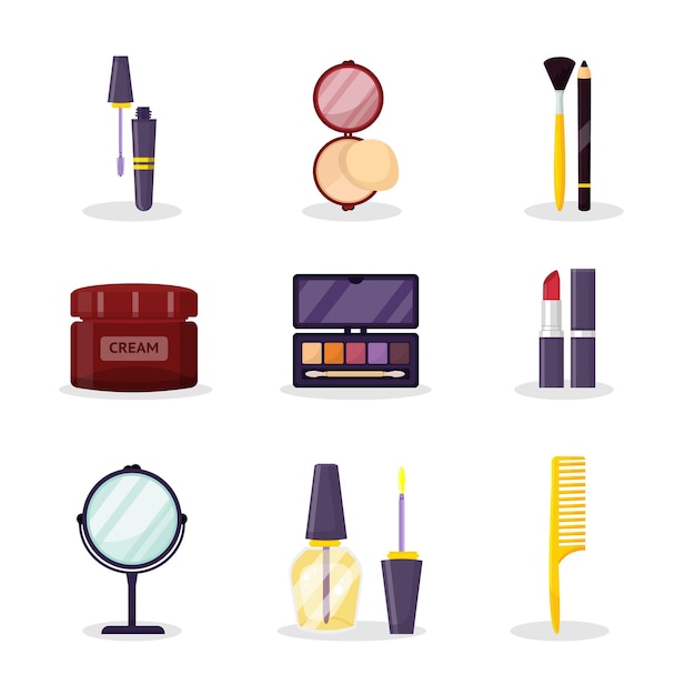 Ensemble D'illustrations De Produits De Cosmétologie Mascara Eye-liner En Poudre Pressée Cosmétiques Pack De Maquillage Pour Le Visage Ombre à Paupières Rouge à Lèvres Et Miroir