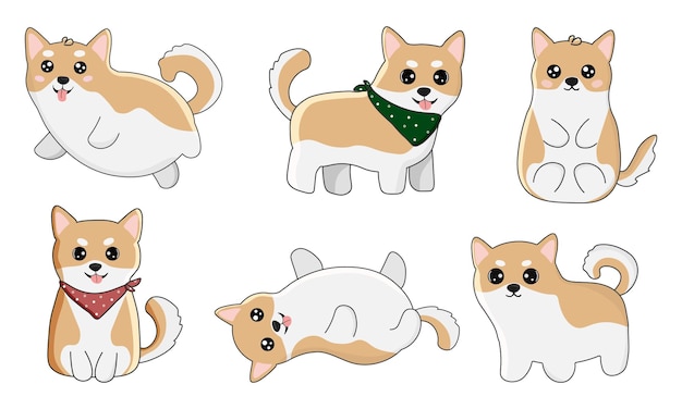 Ensemble D'illustrations De Shiba Inu Chien Mignon Et Drôle Dans Différentes Poses