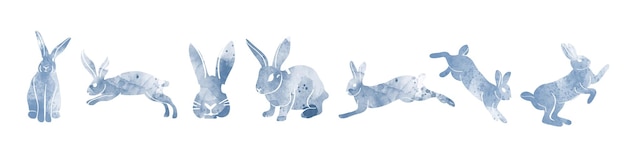 Ensemble d'illustrations de silhouette de lapin bleu de style aquarelle