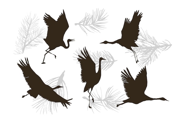 Ensemble D'illustrations De Silhouette D'oiseau Vecteur Grue Japonaise