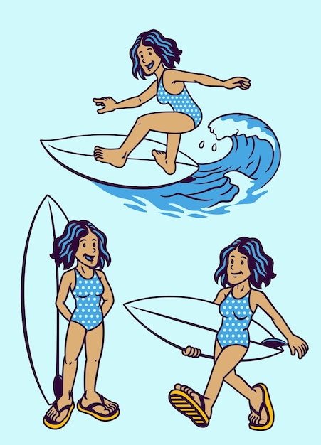 Ensemble D'illustrations De Style Rétro De Femmes Surfant