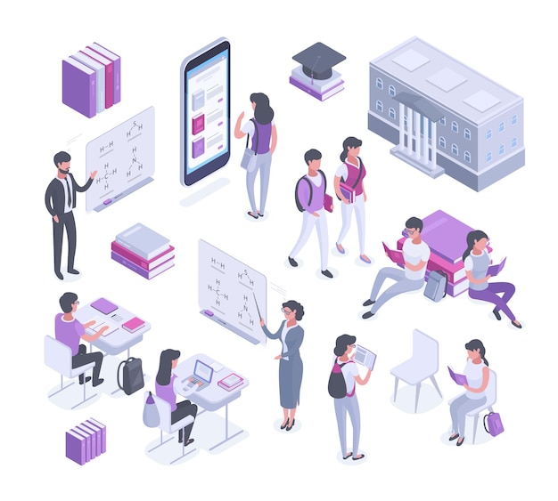 Ensemble D'illustrations De Symboles Vectoriels De Bibliothèque Et De Salle D'étude De Personnages D'étudiants Enseignants Isométriques