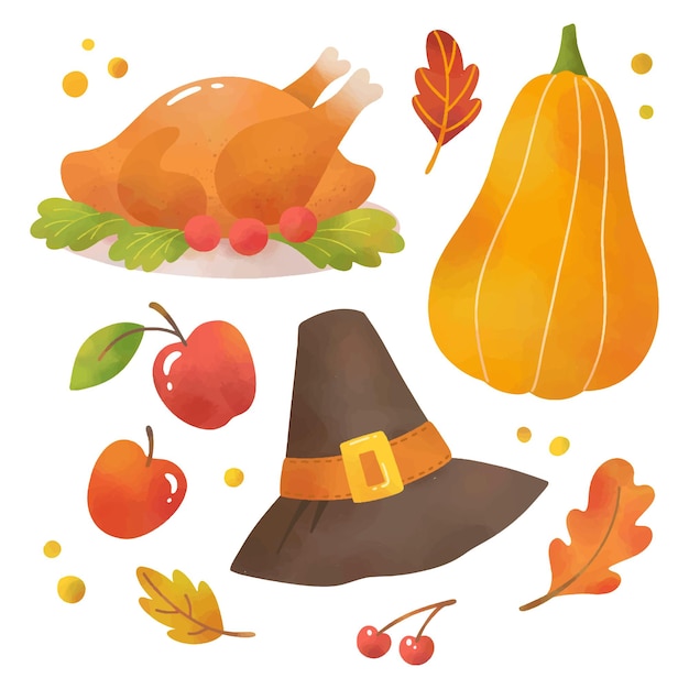 Vecteur ensemble d'illustrations de thanksgiving heureux d'automne d'aquarelle