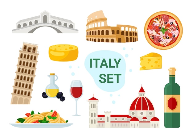 Ensemble d'illustrations de tourisme en Italie. Menu célèbre de nourriture et de boisson italienne de dessin animé avec des spaghettis à pizza