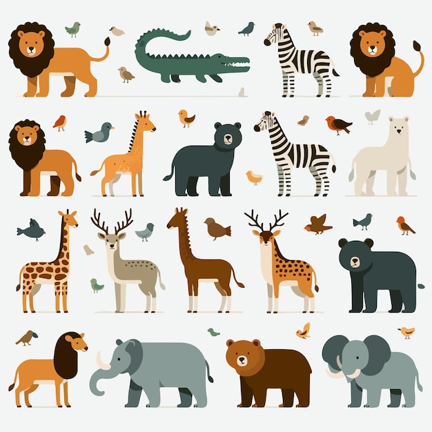 Ensemble D'illustrations Vectorielles D'animaux Dans Le Style Plat Caractères D'animal Sauvage