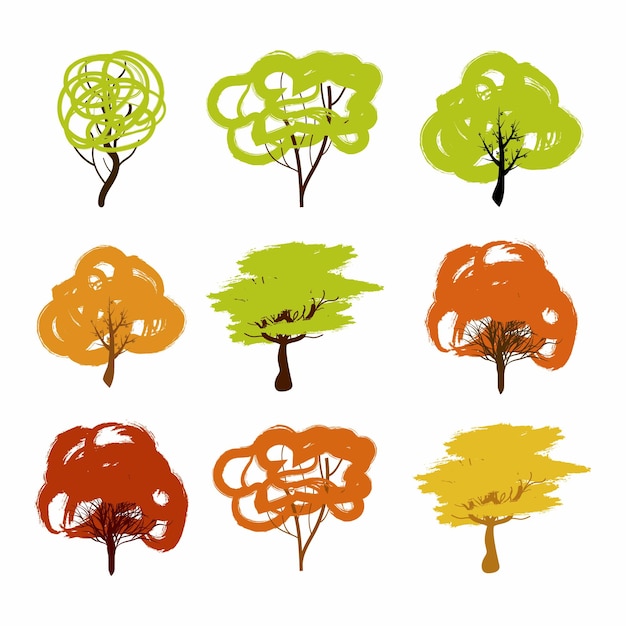 Ensemble d'illustrations vectorielles d'arbres colorés Ensemble de plantes et d'arbres variés