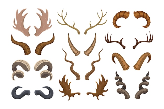 Ensemble D'illustrations Vectorielles De Bois D'animaux Sauvages. Formes De Cornes De Bélier, Renne, Cerf, Orignal, Vache, Cerf Isolés Sur Fond Blanc. Faune, Chasse, Concept De Décoration