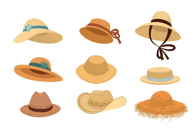 Ensemble d'illustrations vectorielles de chapeaux de paille tissés. Différents modèles de chapeaux jaunes à larges bords, vêtements pour agriculteurs isolés sur fond blanc. Concept de mode, d'été, d'agriculture ou d'agriculture