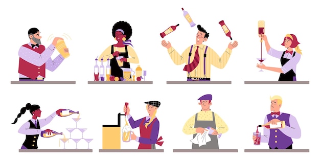 Ensemble d'illustrations vectorielles dans un style plat un barman au travail