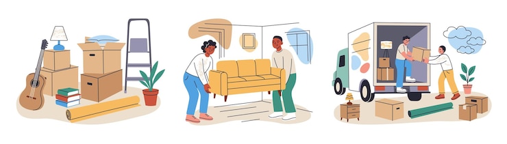 Vecteur ensemble d'illustrations vectorielles de déménagement dans une nouvelle maison scènes de dessins animés plats personnes portant des meubles chargement
