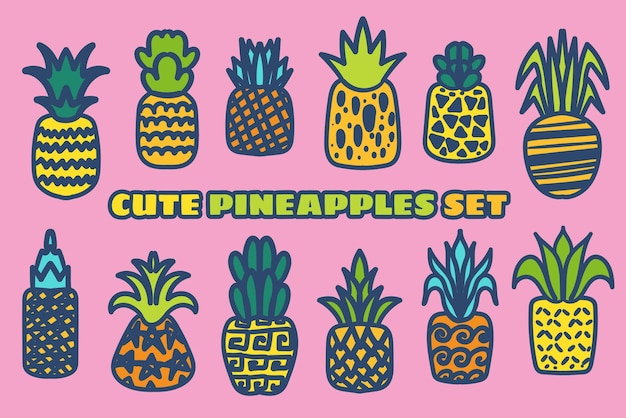 Ensemble D'illustrations Vectorielles Dessinées à La Main D'ananas Mûr