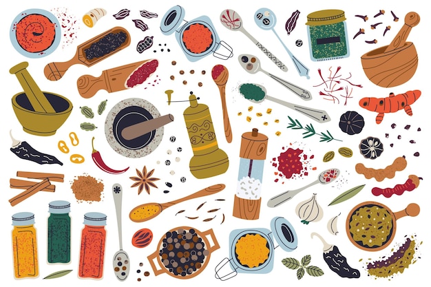 Ensemble d'illustrations vectorielles d'épices, d'herbes et d'assaisonnements pour la cuisson du curcuma, du piment, du safran, du mortier et