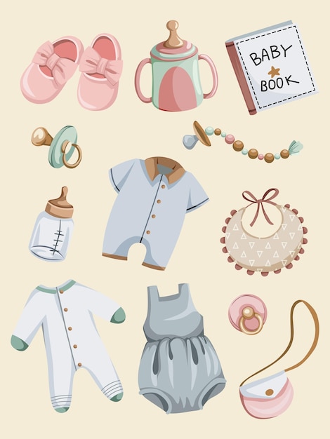 Vecteur ensemble d'illustrations vectorielles d'équipements et de vêtements pour bébés