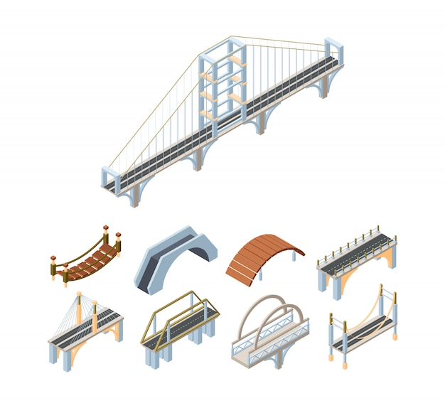 Ensemble d'illustrations vectorielles isométriques de ponts en bois et béton 3D