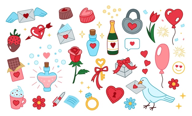 Ensemble d'illustrations vectorielles mignonnes d'amour Saint Valentin Collection d'éléments de conception Icônes vectorielles de doodle romantique