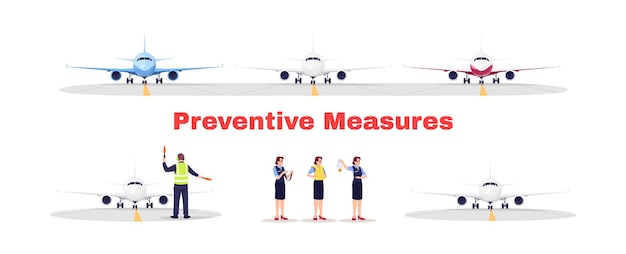 Vecteur ensemble d'illustrations vectorielles à plat du terminal de l'aéroport. mesures préventives pour le transport aérien. règles de sécurité pour l'avion pendant la pandémie de virus. kit de personnages de dessins animés isolés du personnel de l'avion