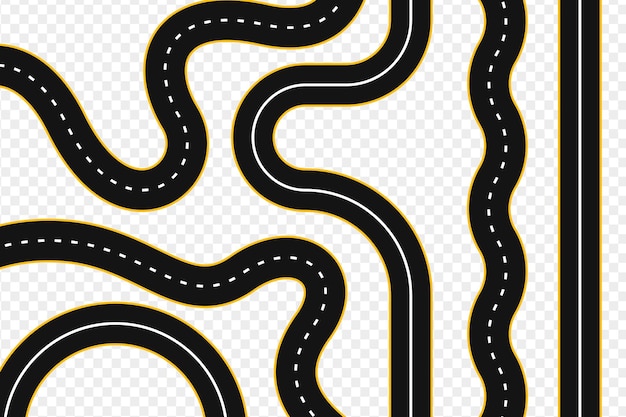 Vecteur ensemble d'illustrations vectorielles de routes et d'autoroutes sinueuses route sinueuse route isolée avec blanc