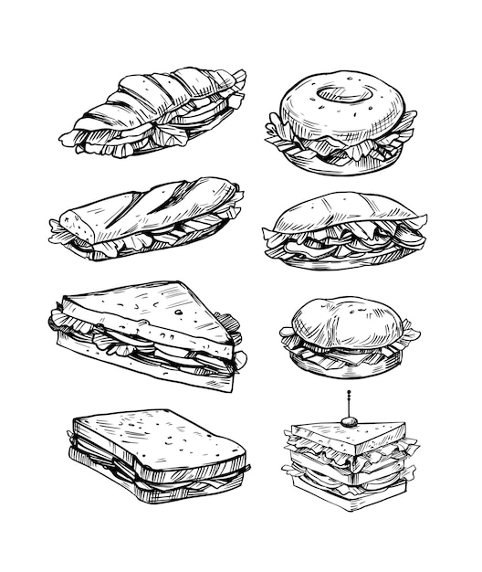 Ensemble D'illustrations Vectorielles De Sandwichs Dans La Restauration Rapide De Style Croquis