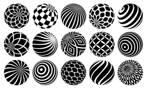 Ensemble d'illustrations vectorielles de sphères décorées, belles boules abstraites avec motifs, collection de concepts de conception de globes 3D, une seule couleur noir et blanc utile pour les logos.