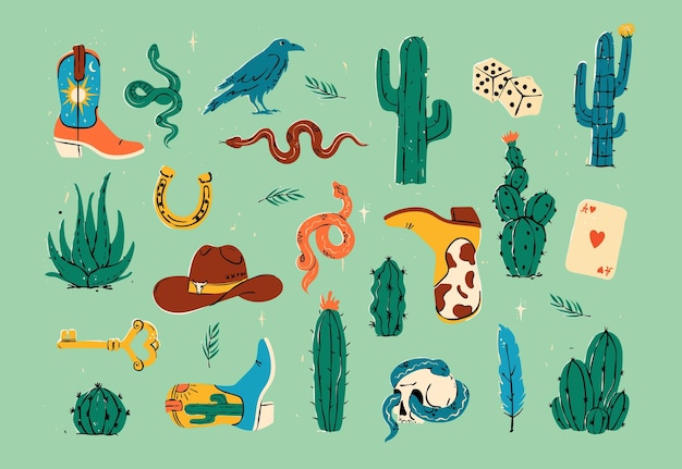 Un ensemble d'illustrations vectorielles sur le thème de l'Occident avec des cow-boys, des chevaux, des chapeaux, des bottes, des crânes, des cactus.