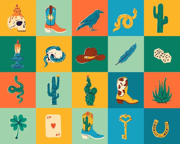 Un ensemble d'illustrations vectorielles à thème occidental avec des cow-boys, des chevaux, des chapeaux, des bottes, des crânes, des cactus.