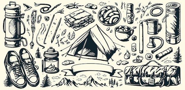 Ensemble d'illustrations vectorielles vintage Sketchstyle représentant des activités de plein air et des objets de randonnée pour le concept de camping