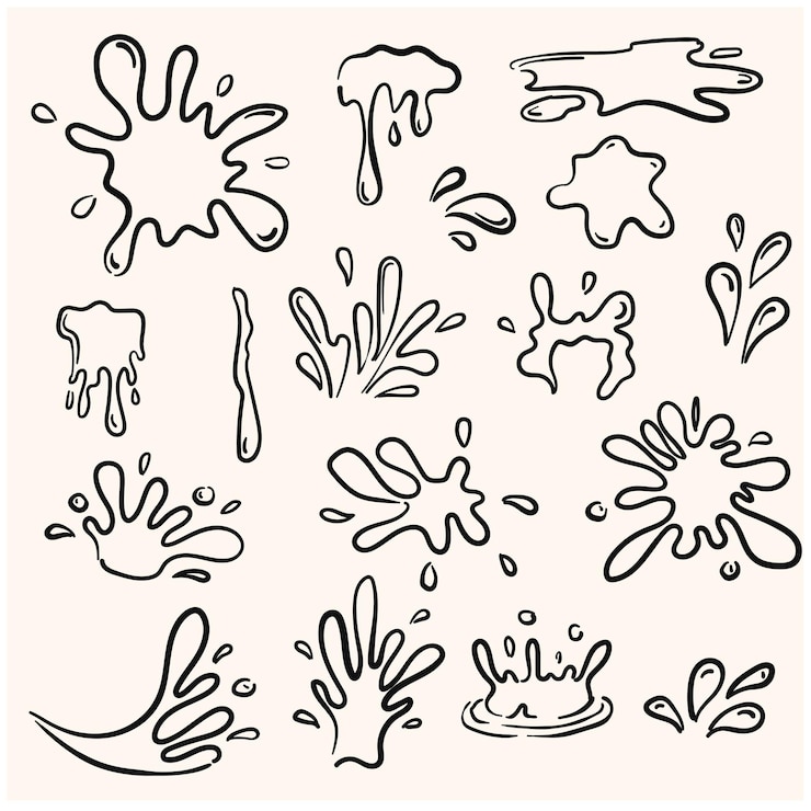 Vecteur un ensemble d'images de gouttes d'eau dans le style de l'art de la ligne de griffon avec un fond crème