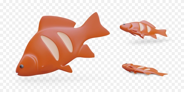 Ensemble d'images isolées en 3D de poisson grillé dans différentes positions Poisson vectoriel rouge en style dessin animé