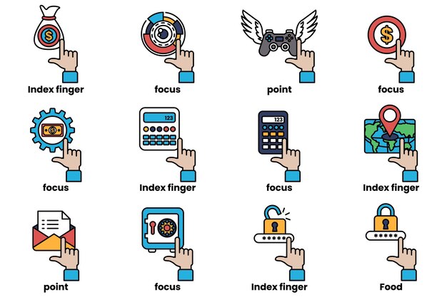un ensemble d'images de mains pointant vers diverses choses dans un style de dessin en ligne