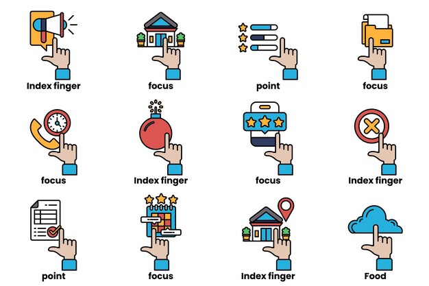 un ensemble d'images de mains pointant vers diverses choses dans un style de dessin en ligne