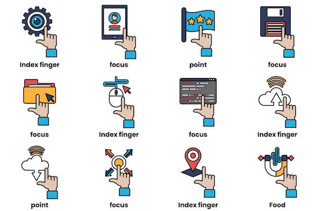 un ensemble d'images de mains pointant vers diverses choses dans un style de dessin en ligne