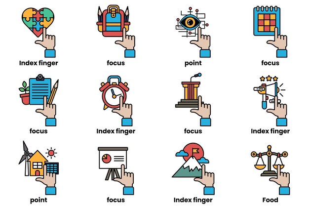 un ensemble d'images de mains pointant vers diverses choses dans un style de dessin en ligne