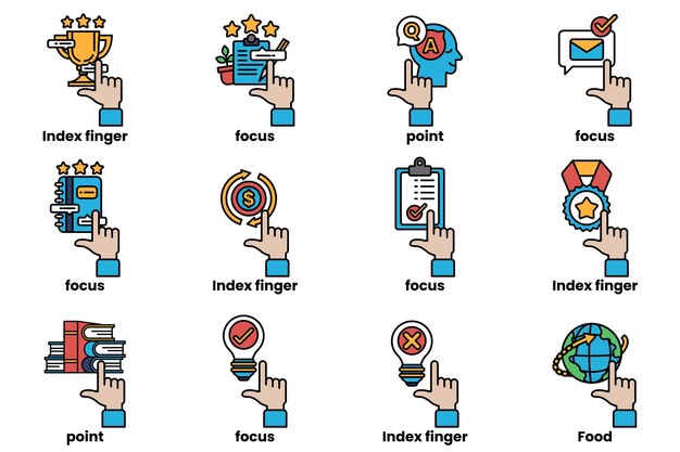 un ensemble d'images de mains pointant vers diverses choses dans un style de dessin en ligne