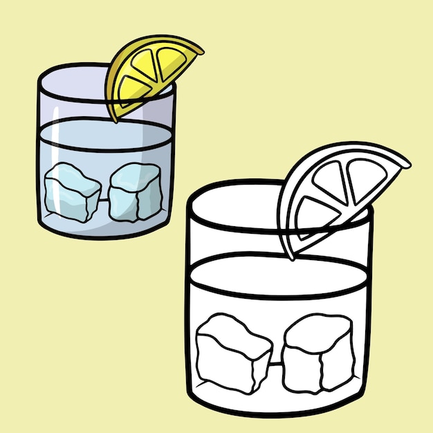 Un Ensemble D'images Monochromes Et Couleur Verre En Verre Avec Citron Et Glaçons Vecteur Dessin Animé Illustration Gros Plan