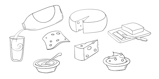 Ensemble D'images Monochromes D'icônes Produits Laitiers Fromage Fromage Cottage Et Dessin Vectoriel Crème