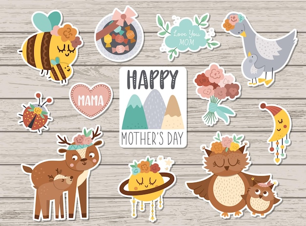 Ensemble D'images Vectorielles D'autocollants Pour La Fête Des Mères Collection De Personnages Mignons Et D'objets Avec Concept D'amour Familial Drôle Bébé Et Mère Animaux Fleurs Bonbons Sur Fond En Bois Patchs De Vacances Packxa