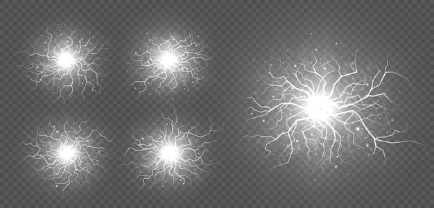 Ensemble D'images Vectorielles De Boules D'électricité Blast Storm Strike Dans Le Ciel Ou L'éclatement De La Foudre De L'énergie Magique